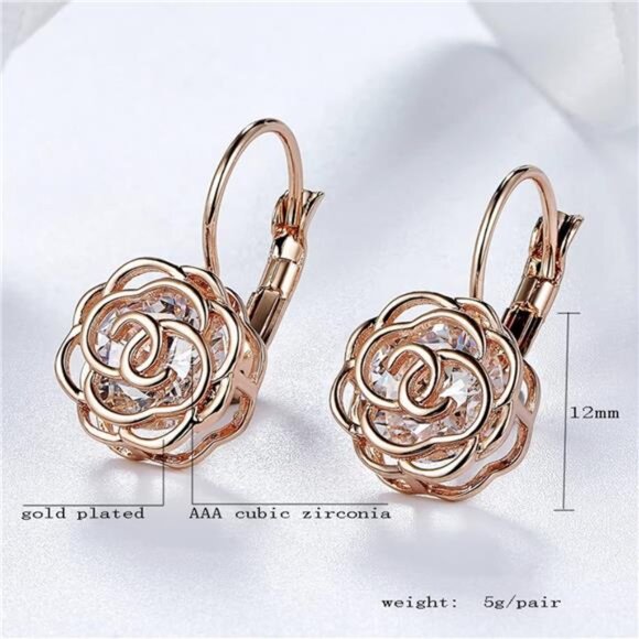 Rose Gold Plated Hollow Rose Flower Leverback Earrings with Swarovski Crystals - Picture 6 of 8